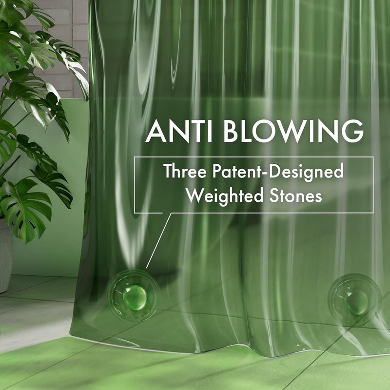 AmazerBath Hookless Shower Curtain Liner - 100% EVA Heavy Duty, 72x75 Clear Green with 3 Weights