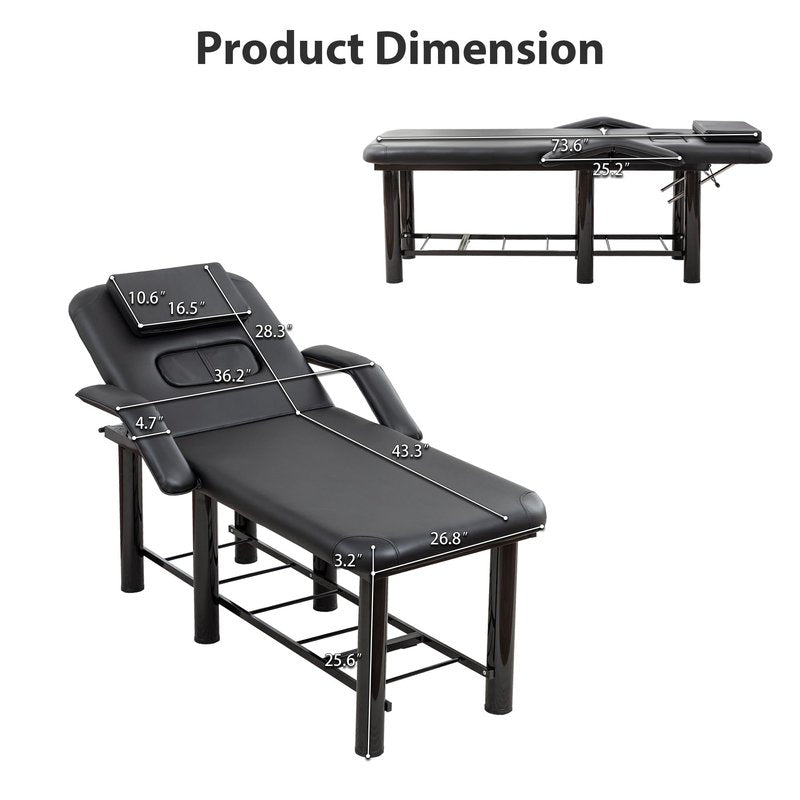 Professional Massage Treatment Bed 73.6 Inch with Handrail, Spa Facial Salon Bed with Removable Headrest & Chest Cushions, Stationary Physical Therapy Table with Adjustable Backrest, Steel Frame
