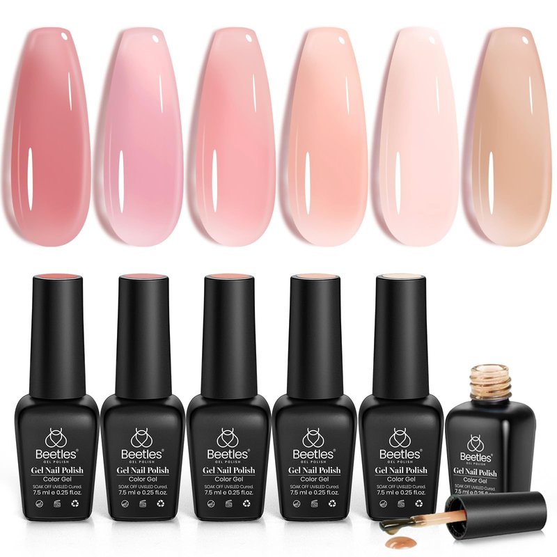 Beetles Nude Gel Nail Polish Set - 6 Colors Jelly Gel Polish Kit Nude Pink Neutral Nail Art Design Sheer Translucent Gel Nail Kits Soak Off Uv Nail Lamp Cured Nail Manicure Gift for Women