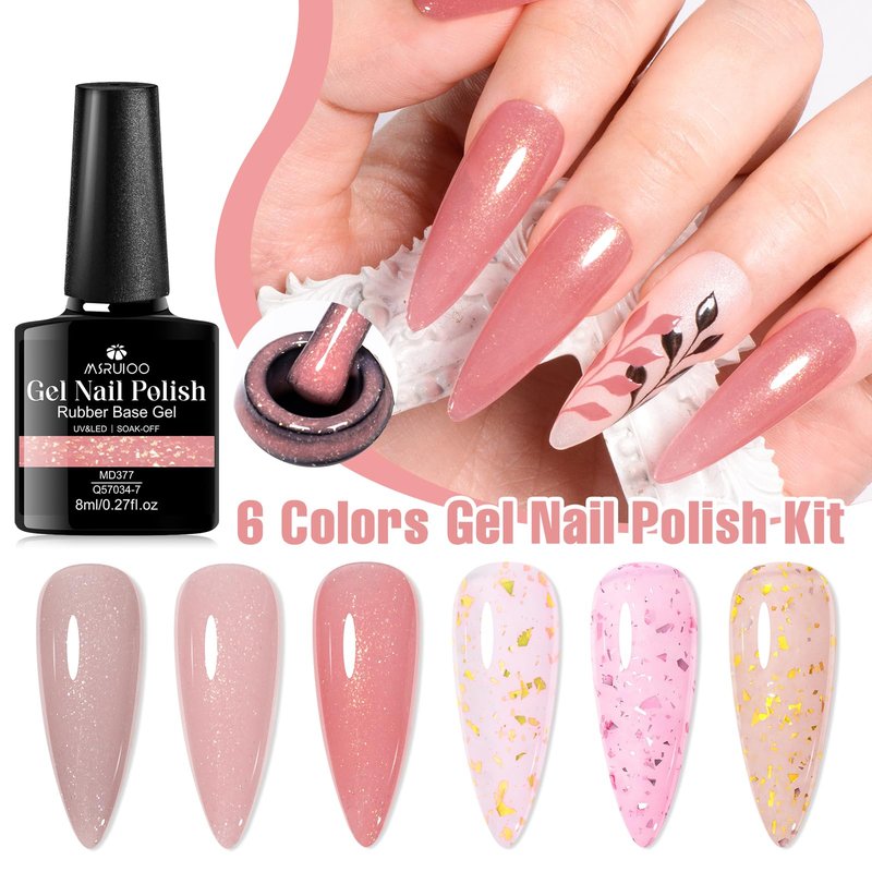 MSRUIOO 6Pcs Rubber Base Gel Nail Polish Set Pink Gold Foil Builder Base Gel Nude Brown Extension Gel for Nails at Home Salon DIY Beginner