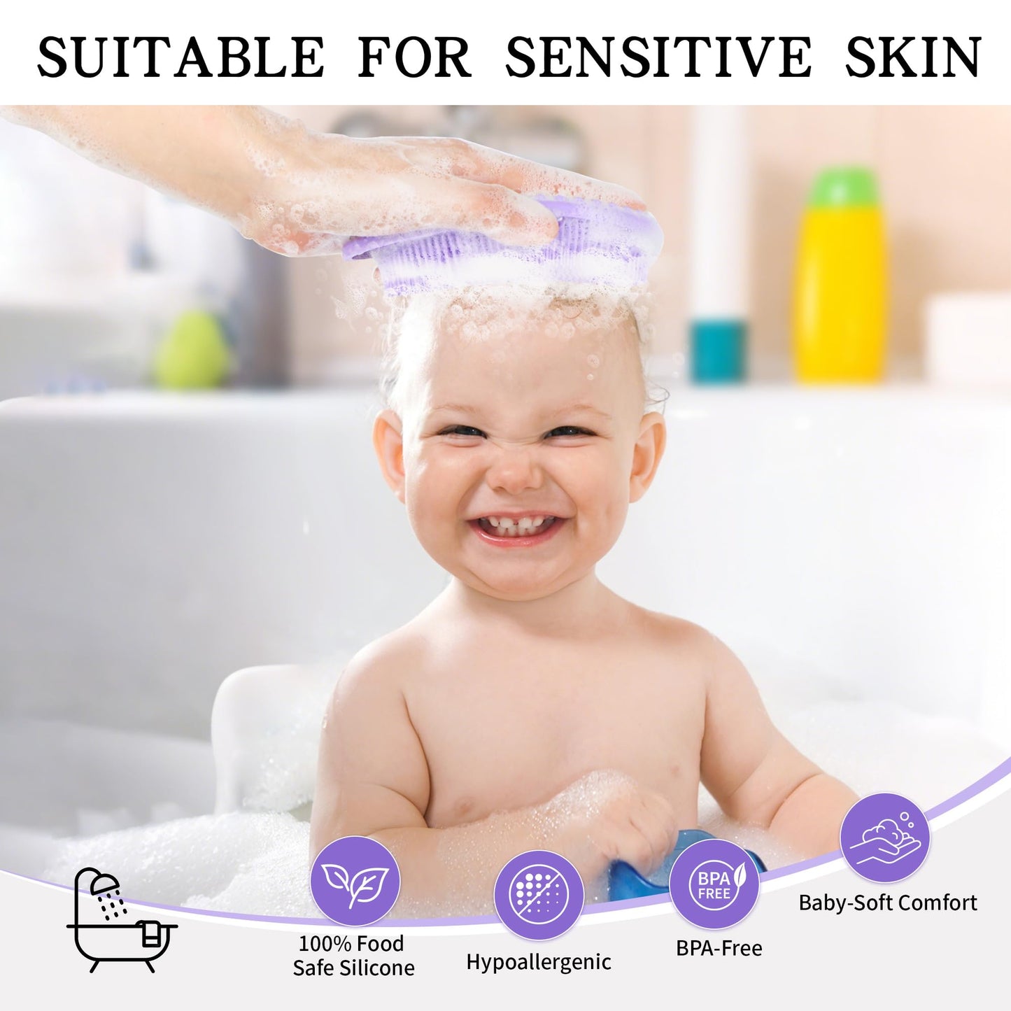 2 Pack Silicone Body Scrubber for Shower, Soft & Gentle Loofah Alternative for Sensitive Skin, Quick-Drying & Hygienic Body Wash Scrubber Brush for Women, Men & Kids (Purple & Pink)