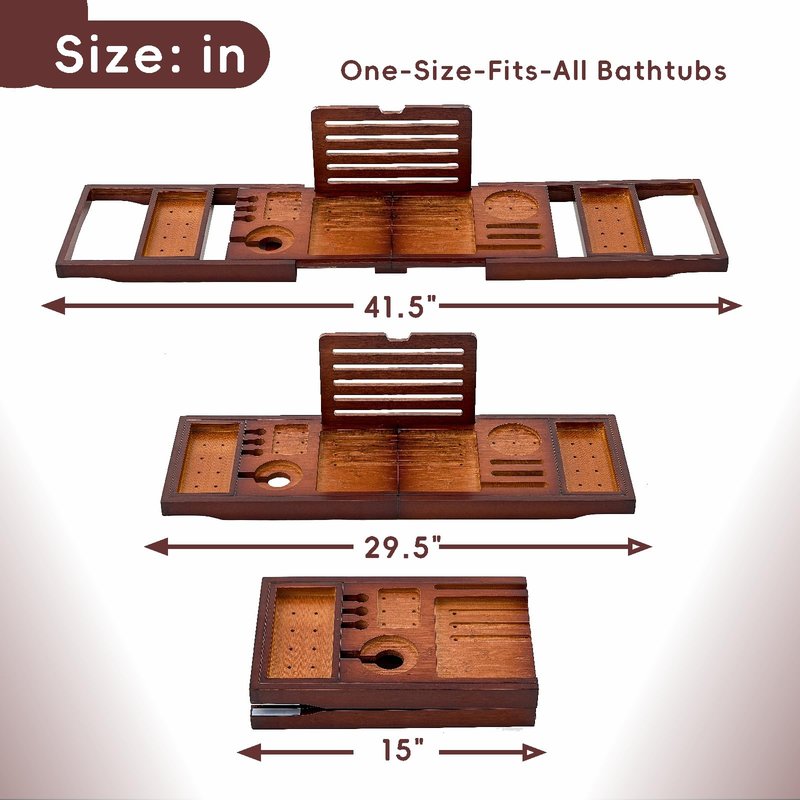 Premium Foldable Bamboo Bathtub Tray Caddy, Expandable Bath Caddy Tray with Holder, Brown Bath Shelf Over Tub, Spa Bathroom Accessories & Gifts for Home