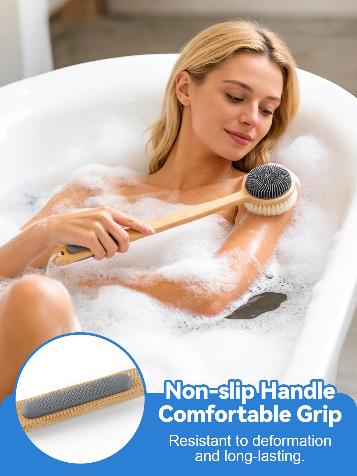 Kalolary Silicone Double-Sided Body Brush with Long Handle, Back Scrubber for Shower Super-Dense Bristles for Deep Cleaning and Massage, Wider Anti-Slip Grip Exfoliator for Wet or Dry Use