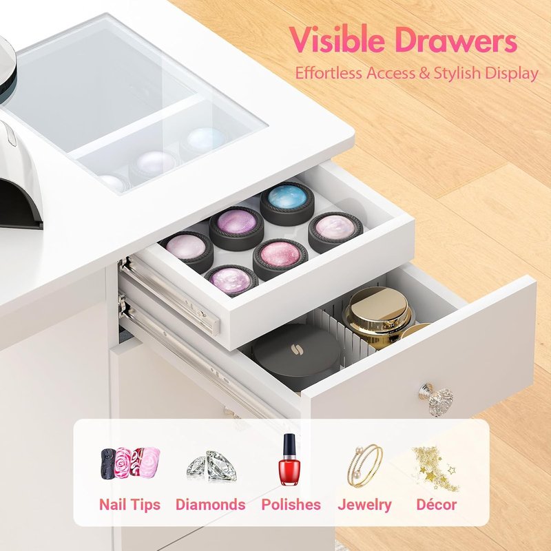 Regine Switzerland Manicure Table - Acetone-Resistant Nail Desk with Glass Top & Visible Drawers | White