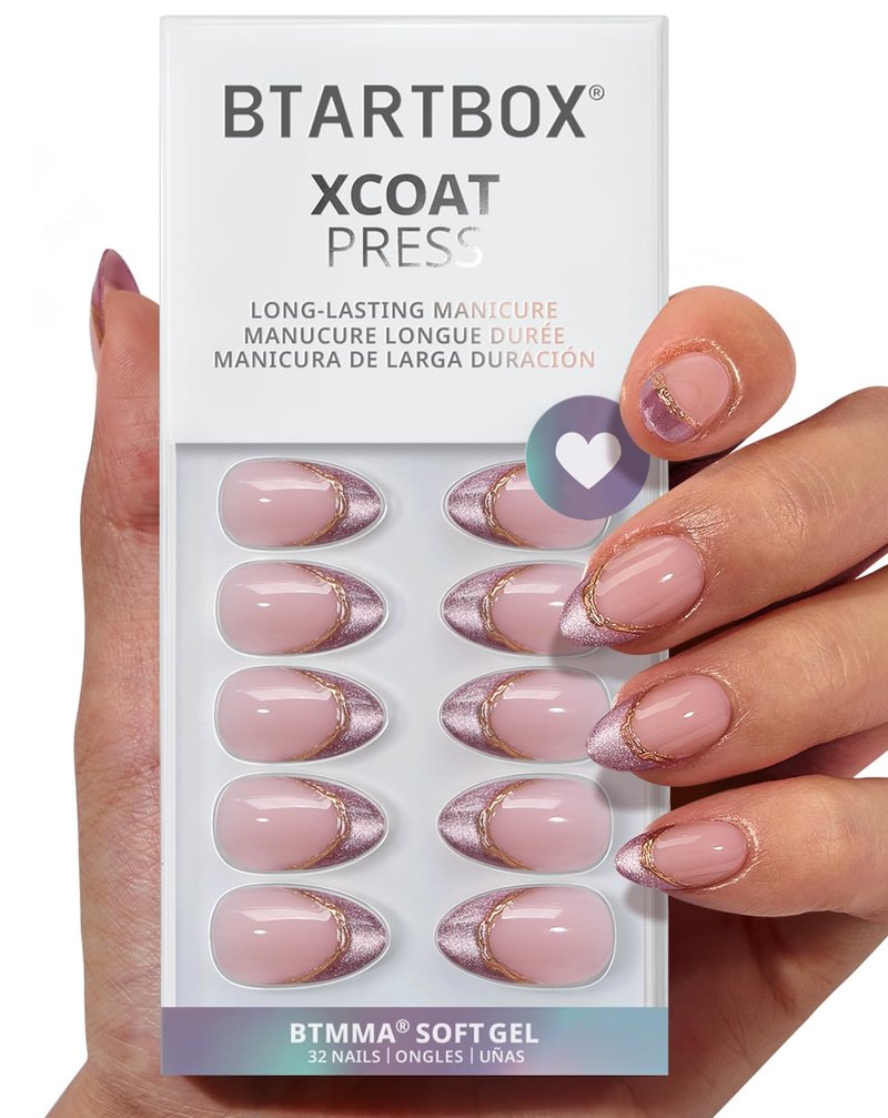 BTArtbox French Tip Press On Nails - Pink Aurora, Lamp-Curable 3D Gold Line Short Almond Press On Nails with Glue and Adhesive Tabs for Women in 16 Sizes - 32 Soft Gel Glue On Nails Kit