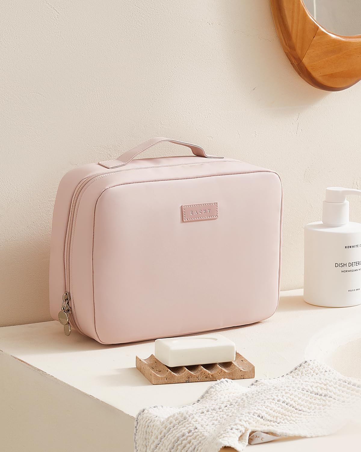 Travel Toiletry Bag - Portable Makeup Organizer with Hanging Hook | Water-Resistant Full-Size (Pink)