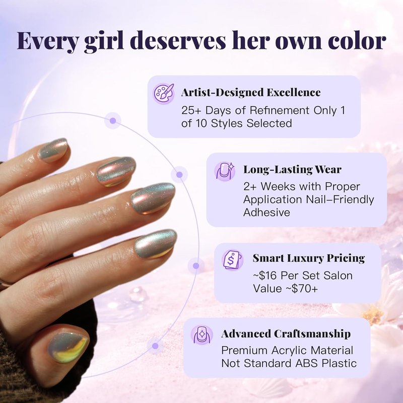 Press On Nails - Aurora Pearl | Iridescent Chrome Short Oval Fake Nails | 30 Nail Kit with Glue, 15 Sizes Available