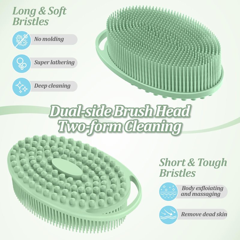GEENOA Silicone Back & Body Scrubber Set 2PCS, 13.4'' Gentle Exfoliating Back Scrubber with Dual-Side Head and Non-Slip Handle, Hygienic Silicone Loofah with Soft Bristles and Massage Dots(Green-2PC)