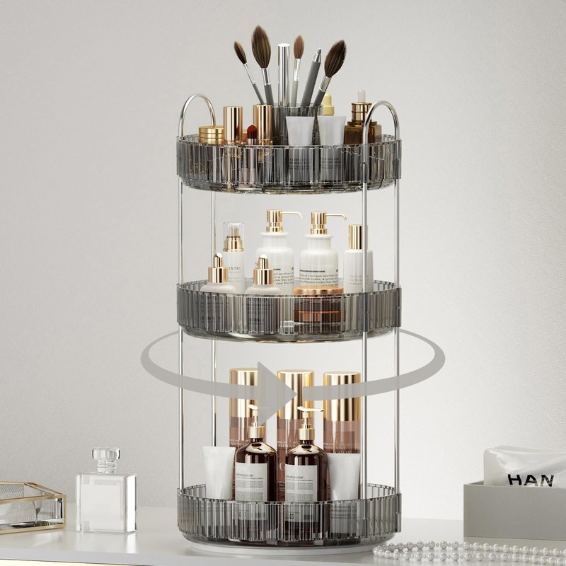 360° Rotating Makeup Organizer, Upgraded 3 Tier Skincare Perfume Organizers for Women, Bathroom Organizer Countertop, Clear Cosmetic Dresser Organizer with Makeup Brush Holder, Sink&Counter(Grey)