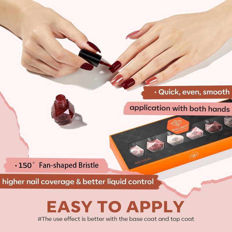modelones Nail Polish Set 6 Colors, White Brown Nude Burgundy Pink Quick Dry Mini Nail Lacquer Kit, Glitter Shimmer Sparkle Red Nail Art, DIY Home Salon Manicure Gift for Women Girl
