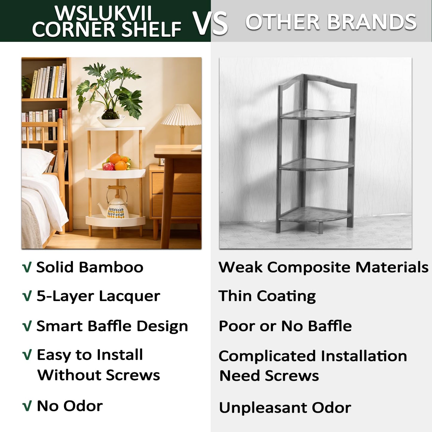 WSLUKVII 3-Tier Bamboo Corner Shelf - No Screws, Twist & Lock Assembly in 5 Mins, 5-Layer Lacquer Finish, Sturdy & Anti-Tip Design for Kitchen, Bathroom, Living Room, Easy to Clean