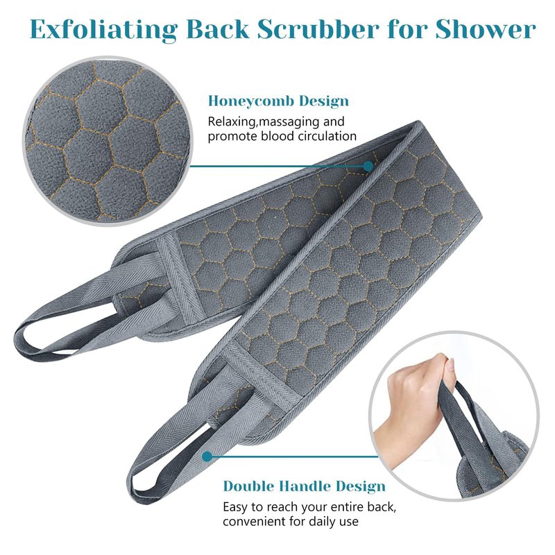 Inmorven Back Scrubber for Shower Exfoliating Body Scrubber 40 inch Double-Sided Back Exfoliator Scrub Towel, Bath Body Brush Widened Back Washer with Handle for Men and Women (Grey)
