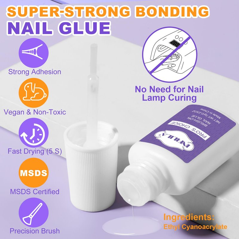 NXJ INFILILA Nail Glue, Professional Brush On Nail Glue, Nail Glue for Acylic Nails, Nail Glue for Press On Nails Fasle Nails Fake Nails Tips Glue Adhesive Long Lasting 7ML/0.23OZ
