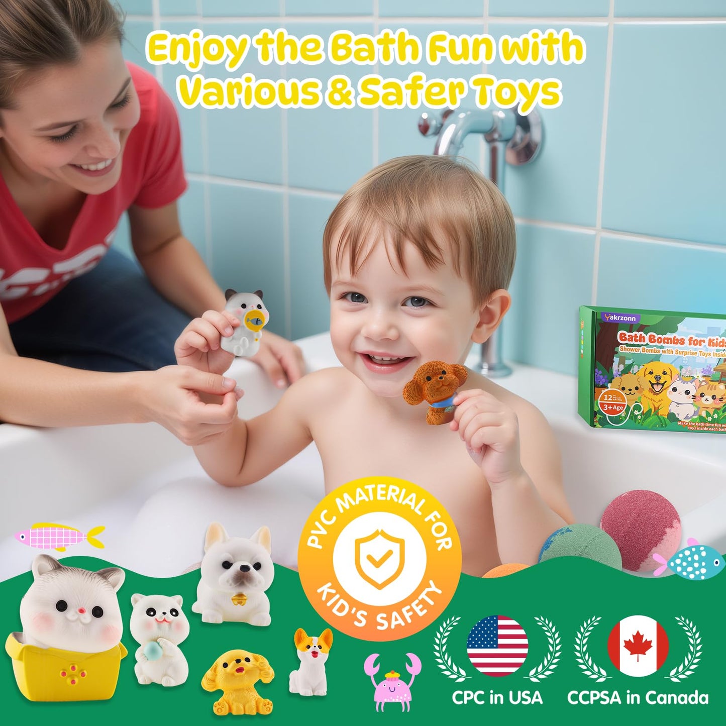 Bath Bombs for Kids with Surprise Toys Inside, 12 Pcs Kids Bath Bombs with Cat Dog Toys, Natural Safe Bathbombs for Moisturizing Sensitive Skin, Fun Bubble Bath Fizzies Gift for Boys Girls Toddlers