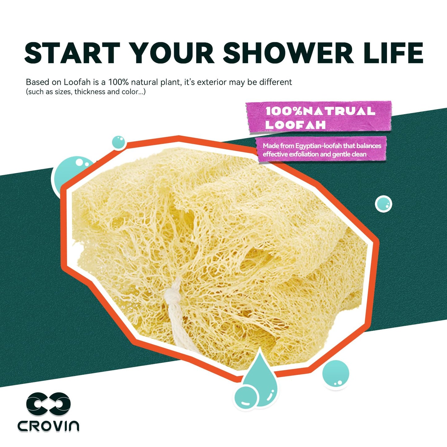 CROVIN Natural Shower Loofah Sponge Body Scrubber Pad that Leaves Your Body a Clean Scrubbed Feeling, Sweeping Dead Skin Cells Effectively as A Skin Exfoliator - 3 Count (1 Pack)