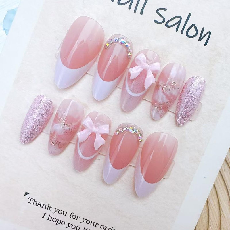 French Tip Press-On Nails - 24pcs Medium Almond with 3D Bow & Glitter Rhinestones | Reusable Full Cover Nail Art for Women