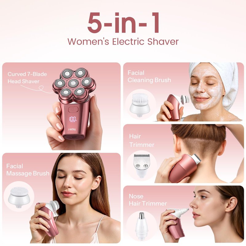 Electric Razors for Women Legs: 5-in-1 Rechargeable Body Shaver, 7D Wet & Dry Body Trimmer, IPX7 Waterproof Lady Hair Remover for Face Underarms Pubic, Light Pink