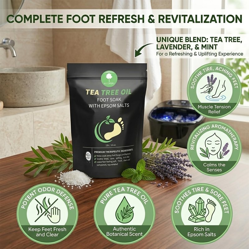 ACCOPURO Tea Tree Oil Foot Soak with Epsom Salt for Athletes Foot & Odor, 1lb - Natural Soothing Foot Bath for Dry Cracked Feet, Toenail Fungus Support, Callus & Sore Muscle Relief - 16 oz