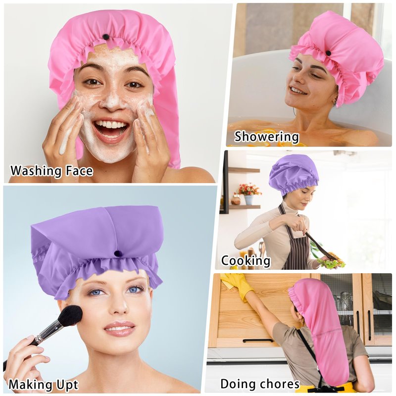 2 Pcs Large Shower Cap for Braids, Extra Long Shower Cap for Women Long Hair & Locs, Waterproof Hair Bonnets for Dreadlocks Drawstring Bath Caps for Women & Men (Pink, Purple)