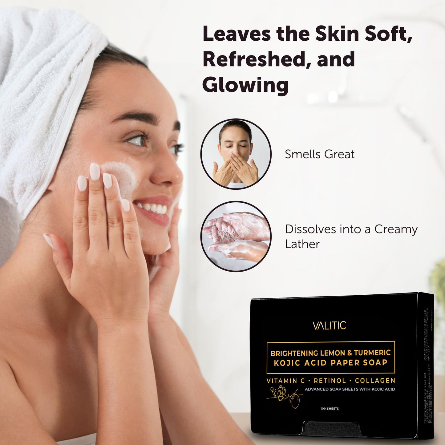VALITIC Brightening Lemon Turmeric Kojic Acid Paper Soap - Vitamin C, Retinol, Collagen - Original Japanese Complex - Hyaluronic Acid, Vitamin E, Shea Butter, Castile Olive Oil - 2 Pack
