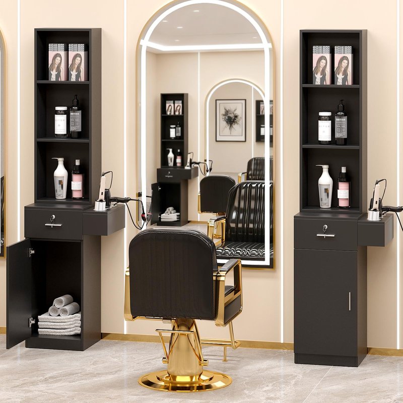 OmySalon Salon Hair Styling Station, Barber Salon Equipment with a 3-Tier Storage Shelf, 1 Drawer, a Large Storage Cabinet and 3 Hair Dryer Holders, Black