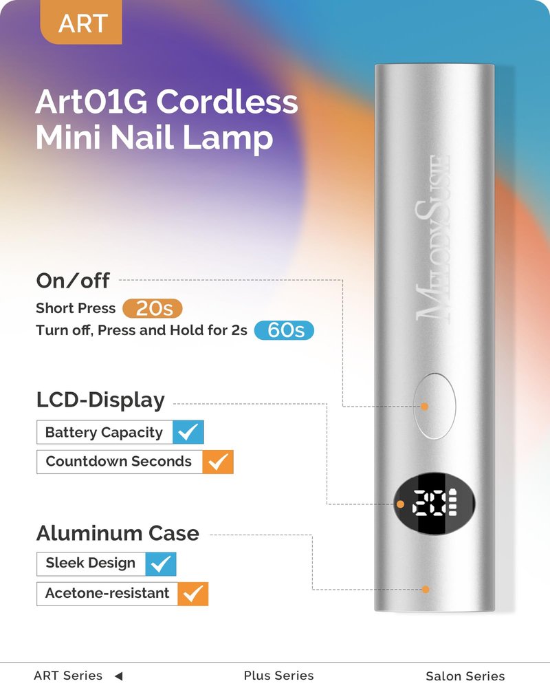 MelodySusie Handheld Cordless UV Nail Lamp with LCD Display & Optical Lens, P-Art01G Rechargeable Mini UV LED Light Flash Cures All Soft Gels, Especially Rhinestone Glue & Liner Gel Silver
