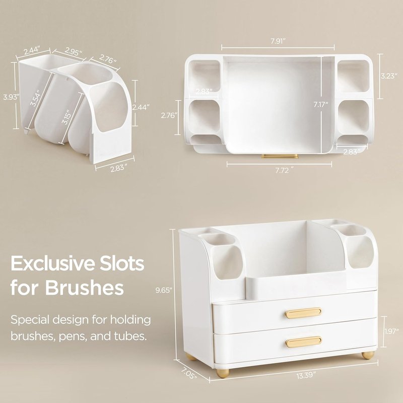 Makeup Organizer for Vanity - Large Cosmetic Storage with Brush Holder | All White, Perfect for Lipsticks & Skincare