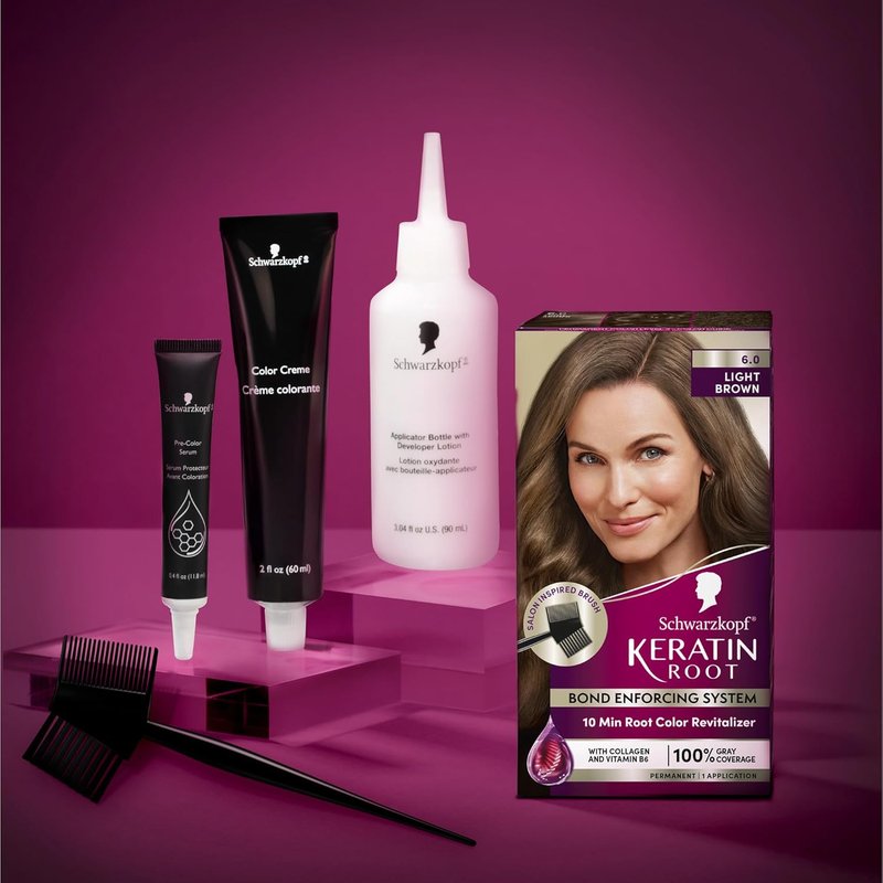 Schwarzkopf Keratin Color Root Permanent Hair Color Kit, Light Brown, 1 Application - Salon Inspired Permanent Hair Dye, for up to 80% Less Breakage vs Untreated Hair and up to 100% Gray Coverage