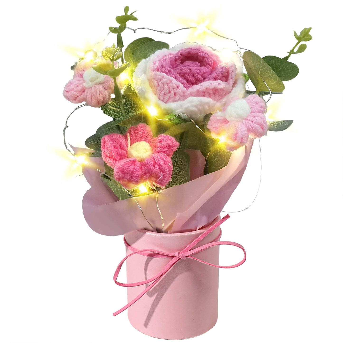 Vynora Crochet Daisy Flowers Bouquet, Valentine's Day Handmade Daisy Artificial Flowers with Card for Mother's Day, Birthday, Wedding, Home Decor, Teacher's Day, Grandma Bday Gift (Pink)