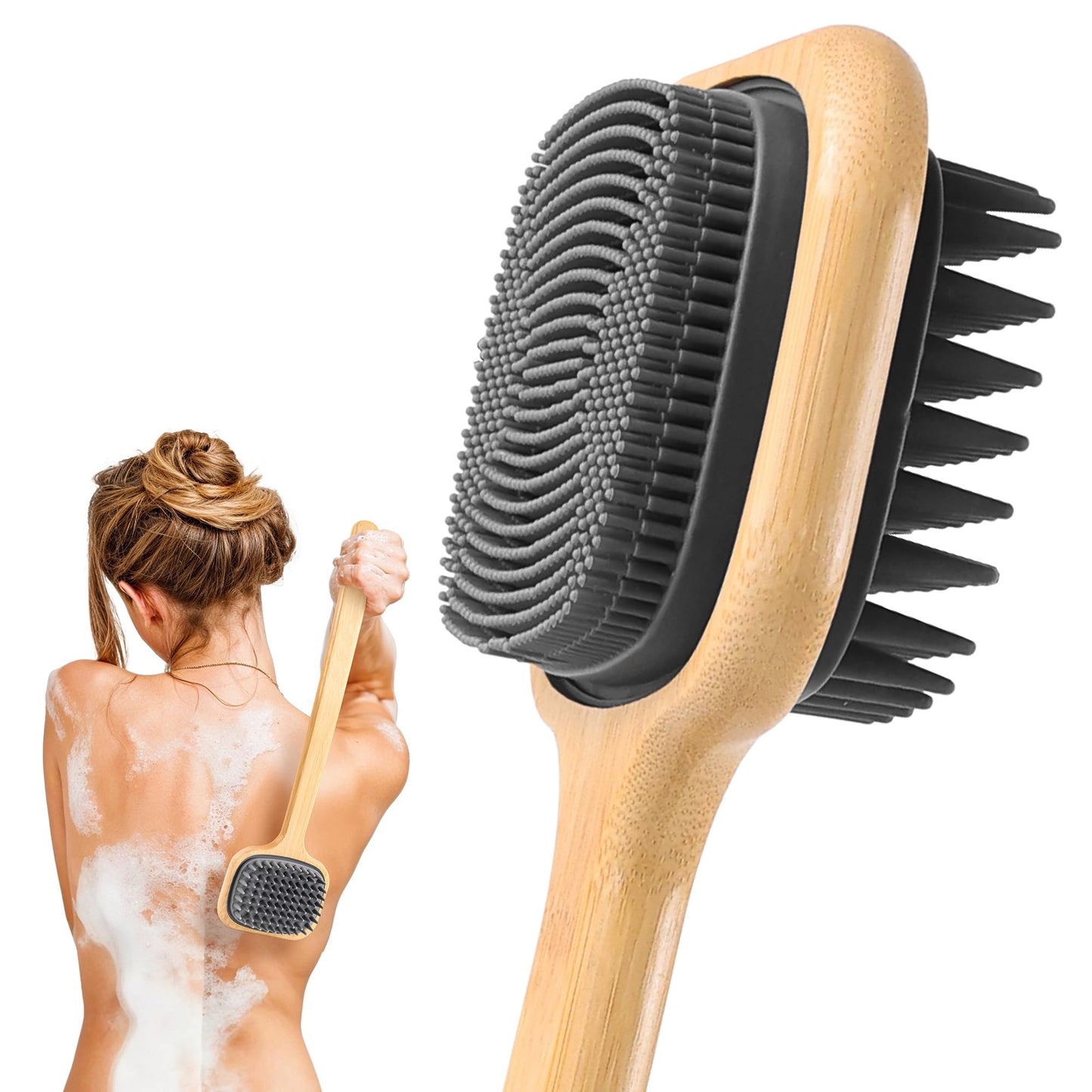 NURENDER 16.92'' Double-Sided Back Scrubber for Shower, Silicone Back Bath Brush Ideal for Sensitive Skin, Exfoliating, with Anti-Slip Bamboo Handle & Hanging Loop, Dry Body Brush for Men, Women