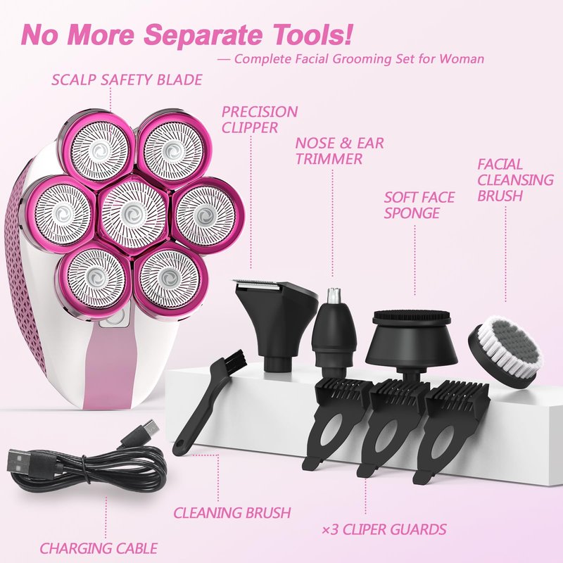 Electric Razors for Women, 7D Shavers for Women with LED Display, Rechargeable Waterproof Electric Shaver, 5-in-1 Multi-Function Body Hair Shaver Grooming Kit for Legs/Face/Armpits/Bikini(Pink)