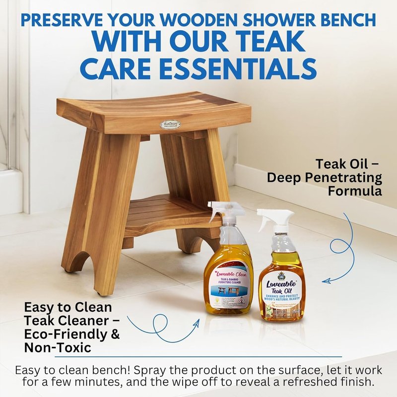 EcoDecors Teak Shower Bench with Shelf 18", 300 lb Capacity – Fully Assembled Waterproof Wood Spa Seating for Adults - Compact Fit for Small Bathrooms & Walk-in Showers - Slip-Resistant Feet