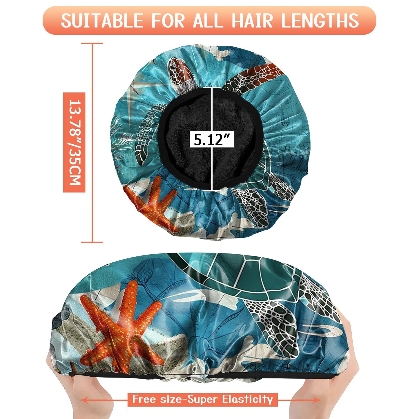 Cabreche Luxury Shower Cap Terry Lined Reusable Triple Layer Waterproof Hair Elastic Caps Shower Bath Hat for Women Girls Cute Aesthetic-Sea Turtle
