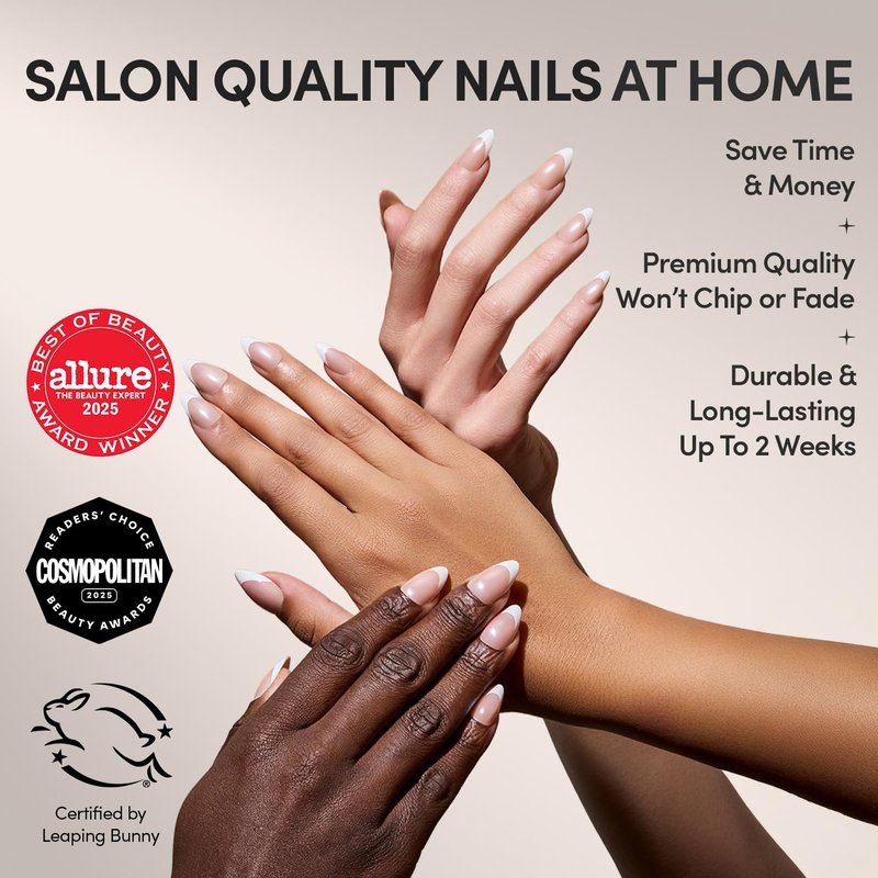 Glamnetic Press On Nails - Mrs. | Short Almond Fake Nails with Glossy French Tips | 30 Nail Kit, 15 Sizes Included