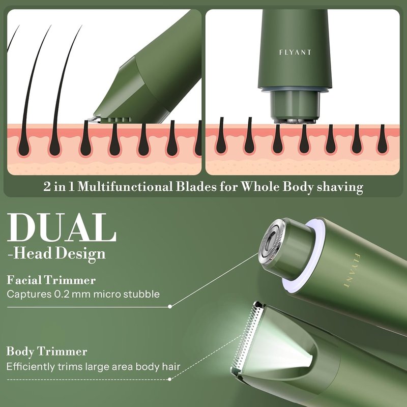 Flyant Bikini Trimmer for Women, 2 in 1 Electric Shaver for Women, Pubic Hair Trimmer Waterproof IPX7 with LED, Bikini Razor for Leg Arm Underarm Bikini Area, Pull Bows Gift Box for Friends - Green