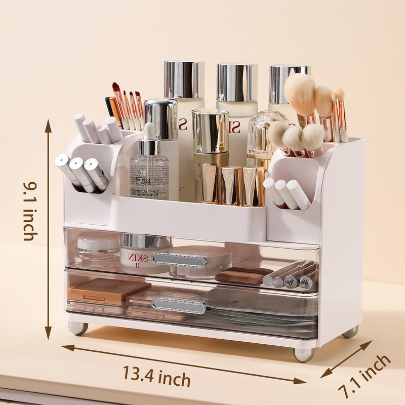Anyoifax Makeup Organizer Countertop with Large Drawers, Vanity Organizer with Brush Holder, Skin Care Storage for Dresser, Perfume Organizer for Lotion, Lipsitck, Palette, White