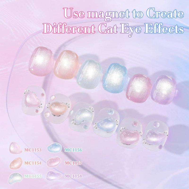 Cat Eye Gel Polish Set - 6 Colors Shimmer Glitter with Holographic Effect | Magnetic UV Nail Art Kit