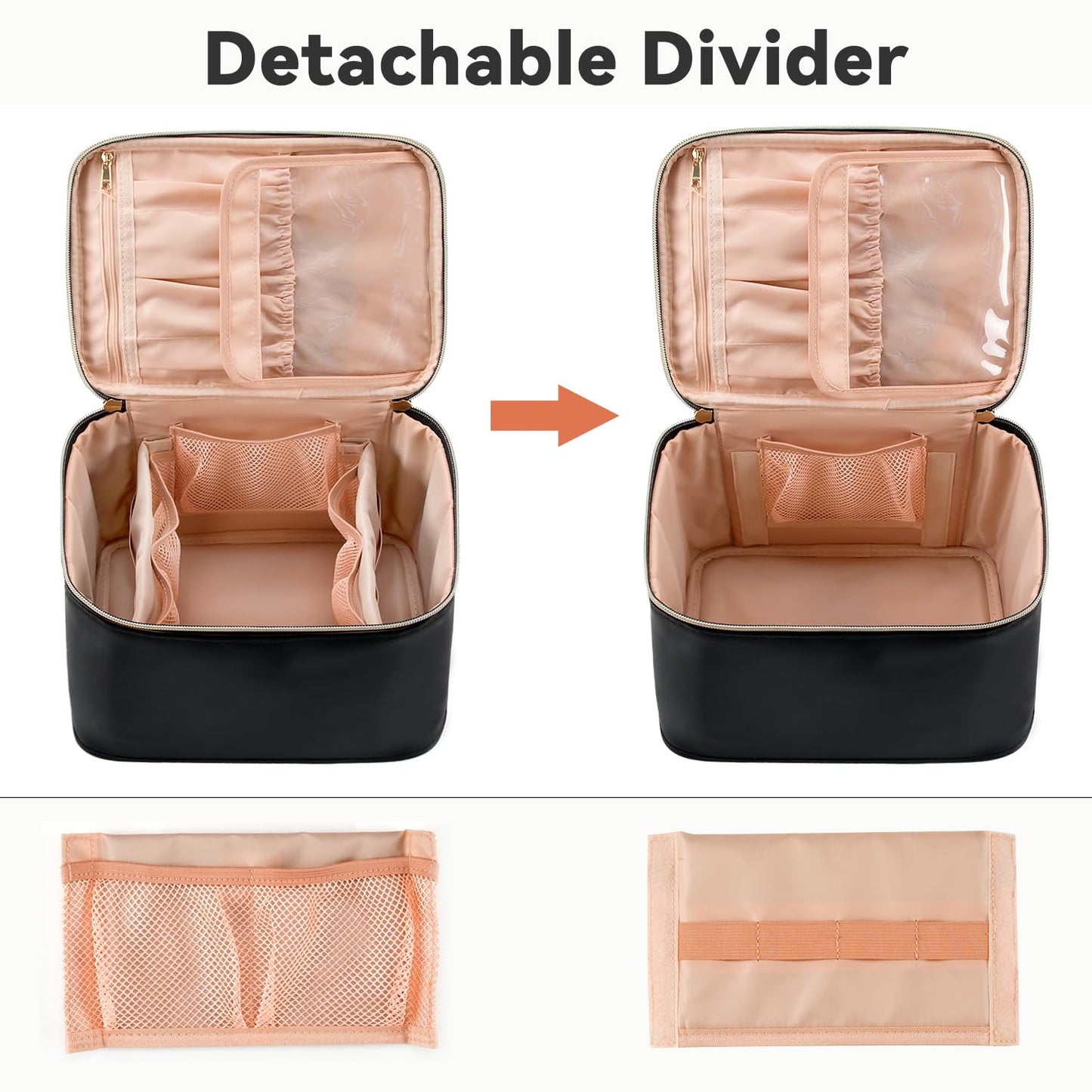 Travel Makeup Bag Organizer - Large Capacity Cosmetic Case with Divider & Handle | Black