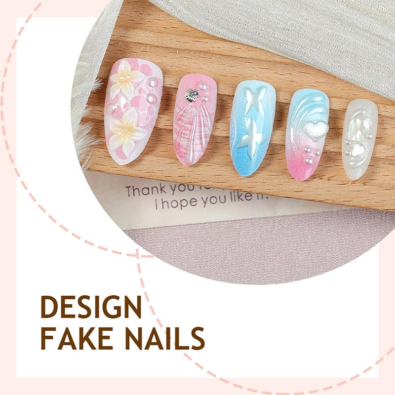 Skiennix 3D Ocean Press-On Nails - Handmade Hibiscus Flower Design | Pink Blue Gradient, 30PCS