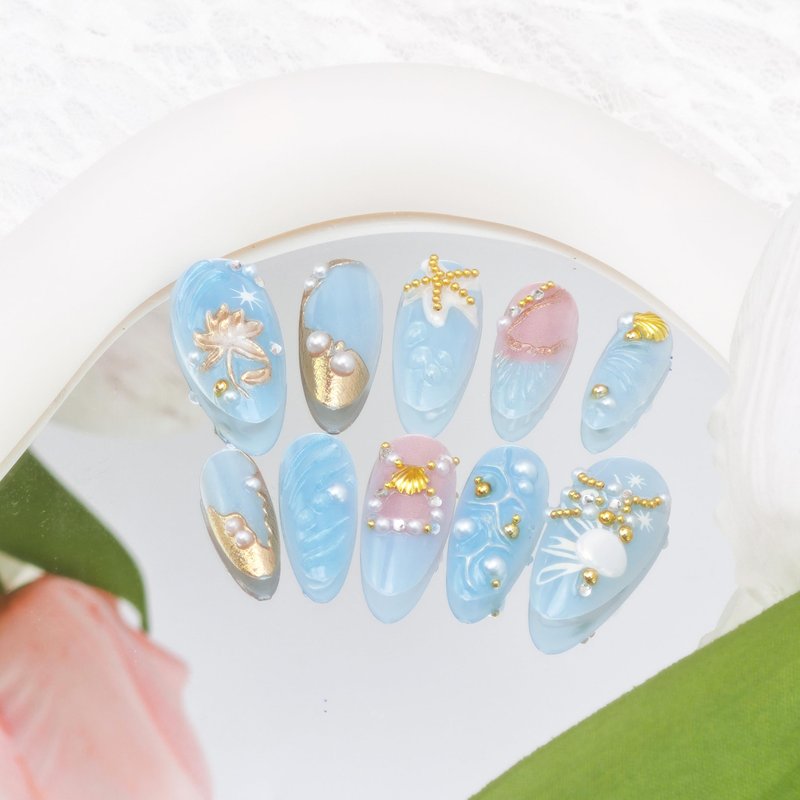 24Pcs Summer Beach Press on Nails Medium Almond Tropical Fake Nails 3D Seashell Starfish with Gems Rhinestones Designs Glitter Ocean Blue Full Cover Glue on Nails French Tip False Nails for Women