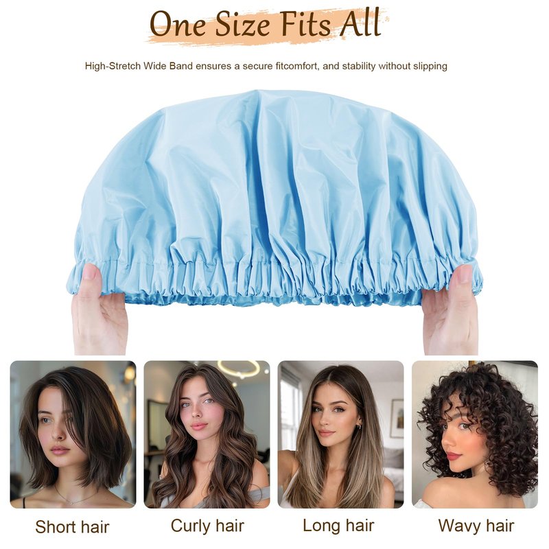 Doitory Satin Lined Shower Cap for Women, Reusable Waterproof Hair Cap, Large Washable Bath Caps with Soft Elastic Band, Protect Long Hair Braids(Light Blue)