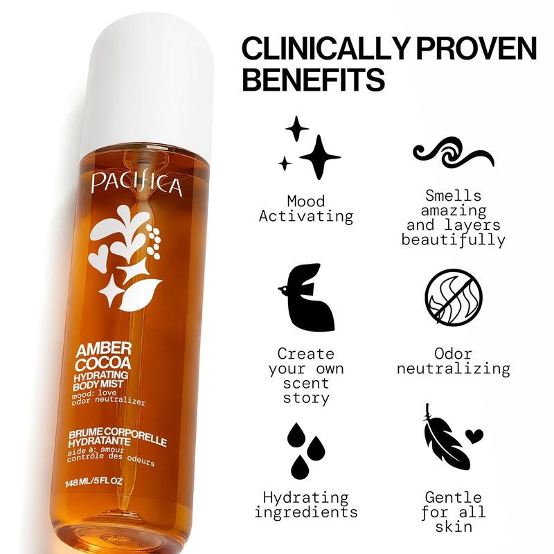 Pacifica Amber Cocoa Gourmand Body Mist - Warm Vanilla Coffee Fragrance Spray | Hydrating, Vegan, 5 oz