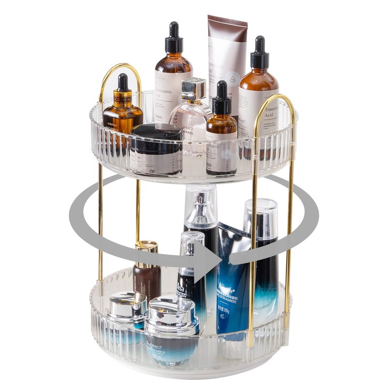 INVSSENE 360° Rotating Makeup Organizer, Bathroom Make Up Spinning Holder Rack, Large Capacity Cosmetics Storage Vanity Shelf Countertop, Fits Cosmetics, Perfume, Skincare(2 Tiers, Clear)