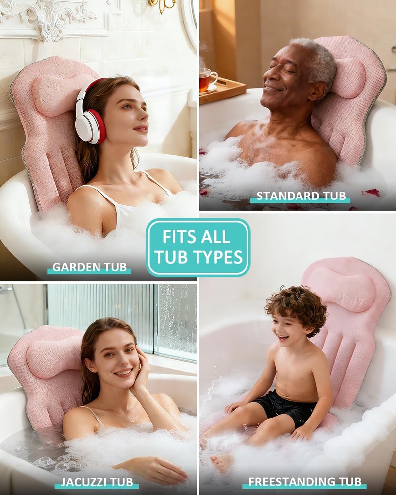 Full Body Bath Pillow for Bathtub, 5D Thick Tub Pillow for Bathtub with 192 Non-Slip Suction Cups, Laundry Bag & Hook, Bathtub Pillow for Head, Neck & Back Support (Pink, 51"*15")