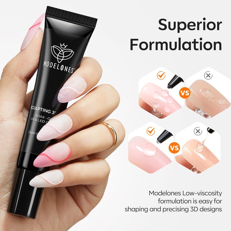 Modelones 3D Gel Nail Art - Sculpting Gel Glue for Molding & Design | No Wipe, UV Light Cured, Salon & DIY Use