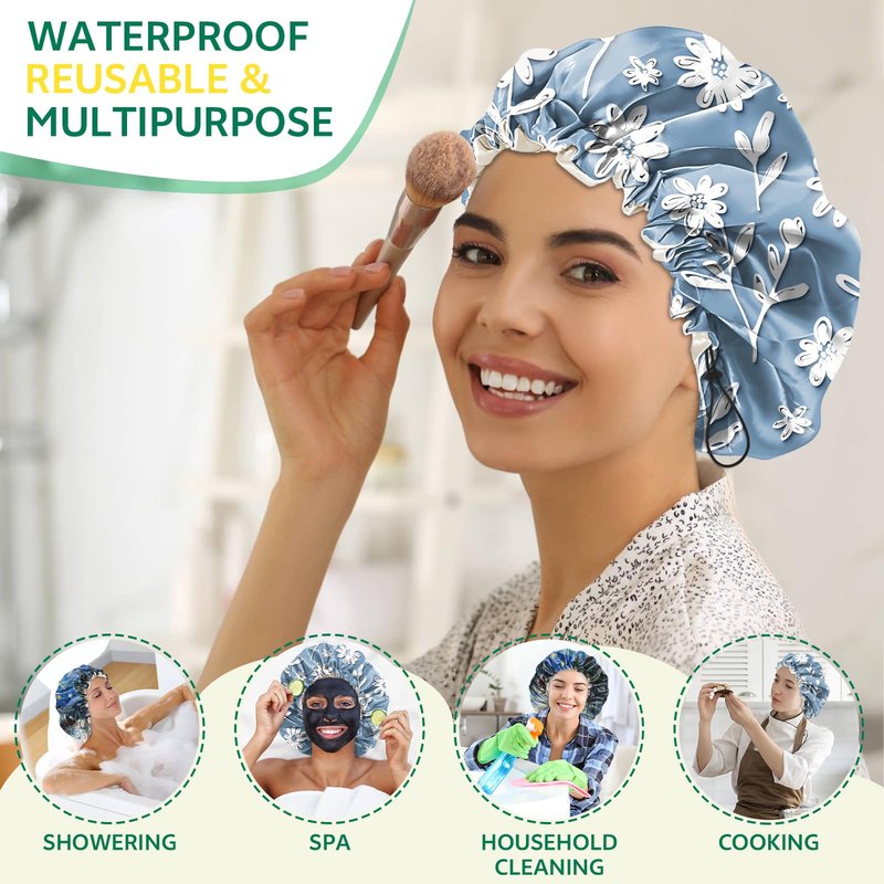 BHAHB 2 PCS Shower Cap Waterproof Double Layer Elastic Adjustable Reusable Hair Bath Caps for Girls Women Cute Aesthetic-Blue White