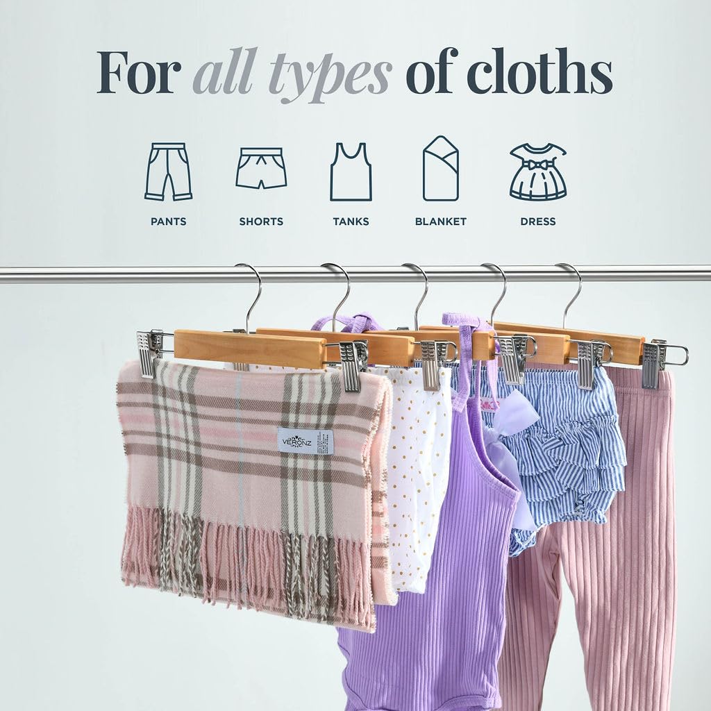10 Pack Wooden Pants Hangers with Clips - Smooth Finish Solid Wood Skirt Hangers Space Saving - Natural Wood Color - Clip Hanger for Pant, Skirts, Shorts, Tanks, Blankets, and Dresses.