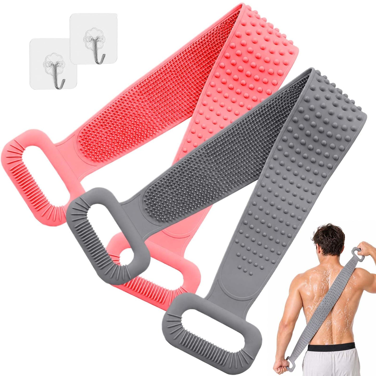 Manmihealth Silicone Back Scrubber for Shower, 36'' Extendable Back Washer with Long Strap Handle, Dual-Sided Silicone Body Brush for Men and Women (Gray+Pink)