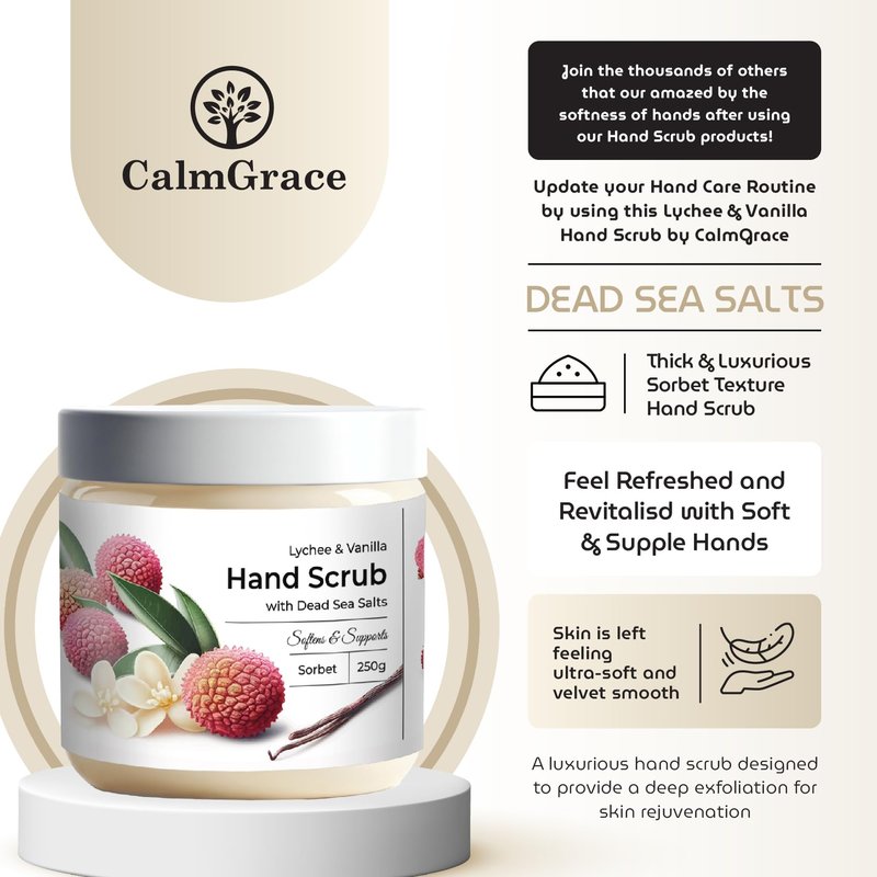CalmGrace Exfoliating Hand Scrub with Dead Sea Salts, Lychee & Vanilla Scent | Hand Scrub Exfoliator in Sorbet Texture, Body Care Moisturizer | Fortified with Aloe Vera, Coconut Oil, Vitamin C