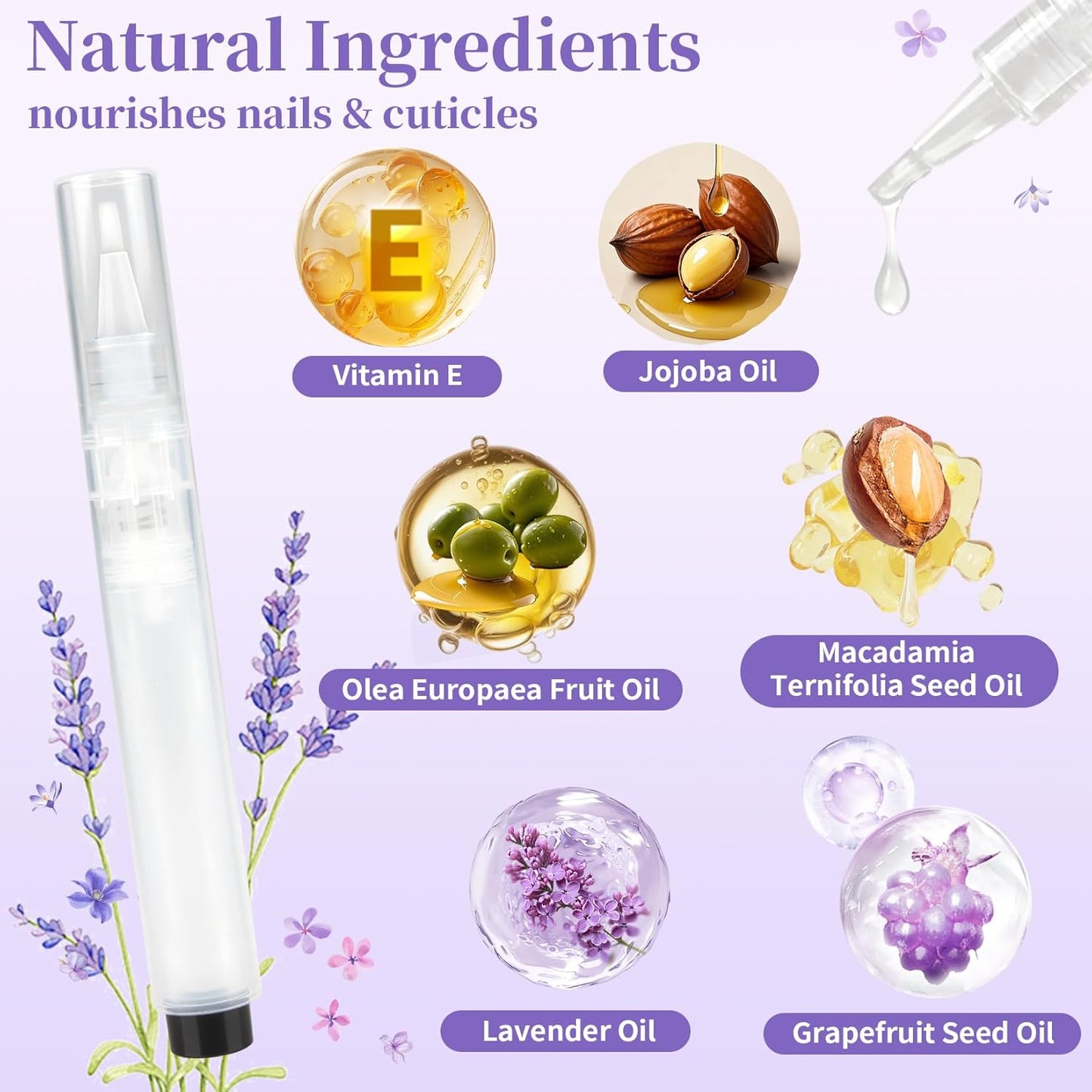 Skiennix Refillable Cuticle Oil Pen - Nourishing Vitamin E & Jojoba Oil for Nail Repair | Lavender 1.8ml
